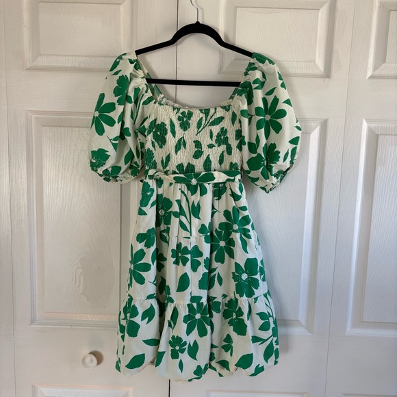 Style House White Green Floral Puff Sleeve Tiered Dress Cottage Peasant S Easter - Picture 5 of 8